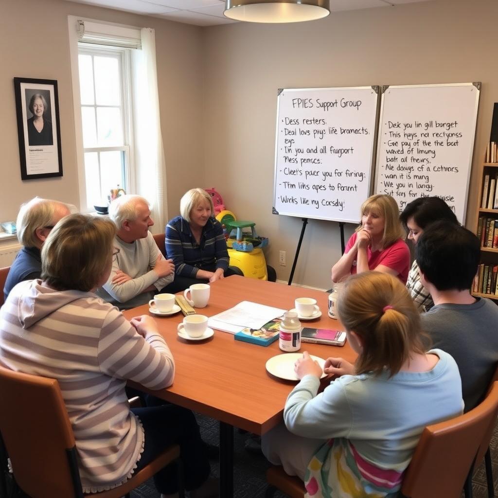 Parents of children with FPIES sharing support and ideas at a meeting.