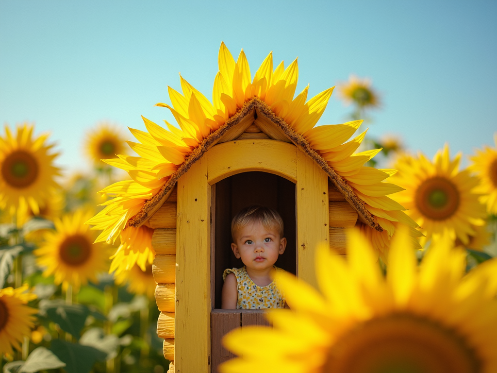 Child inside sunflower house