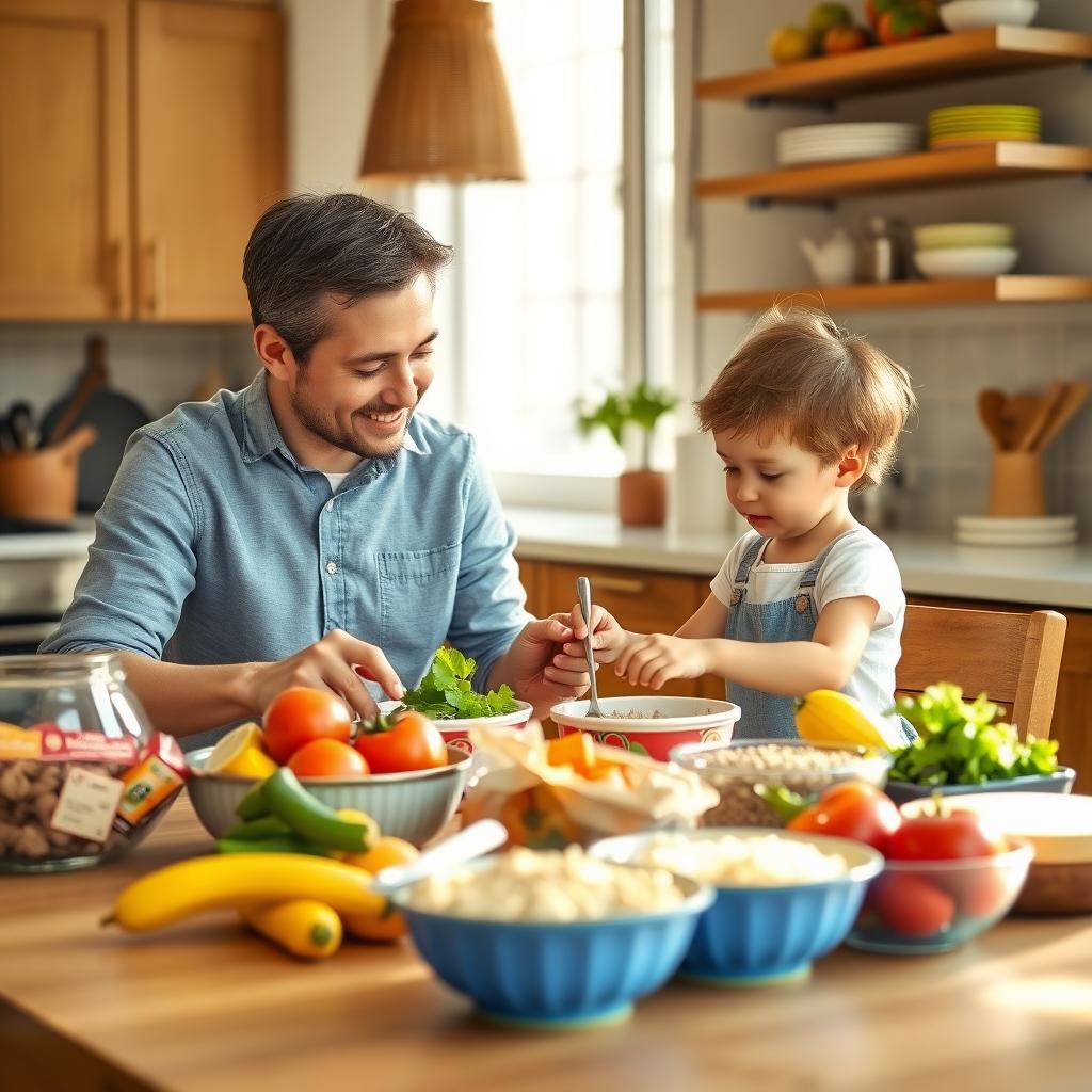 A parent and child preparing an allergy-safe meal together at a kitchen table with fresh ingredients.