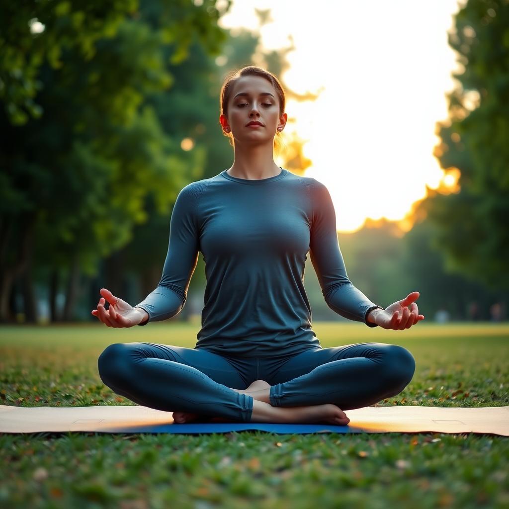 Person meditating in a park at sunrise