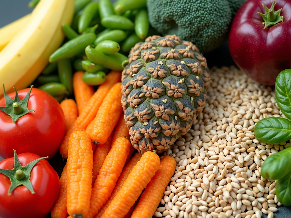 A colorful array of fruits, vegetables, and grains, representing the diverse diet needed for early childhood nutrition.