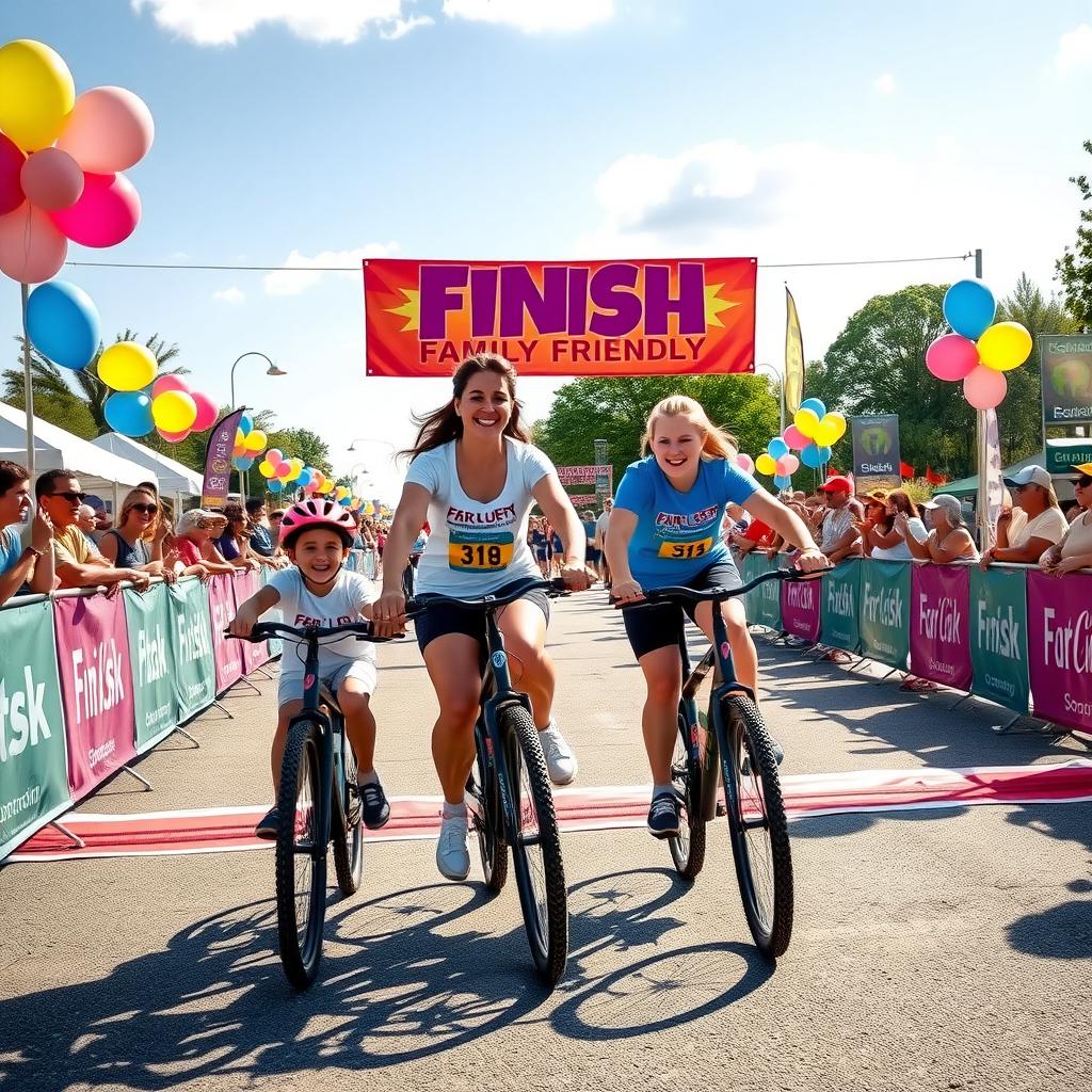 A family on bikes crossing the finish line at a 5K race.
