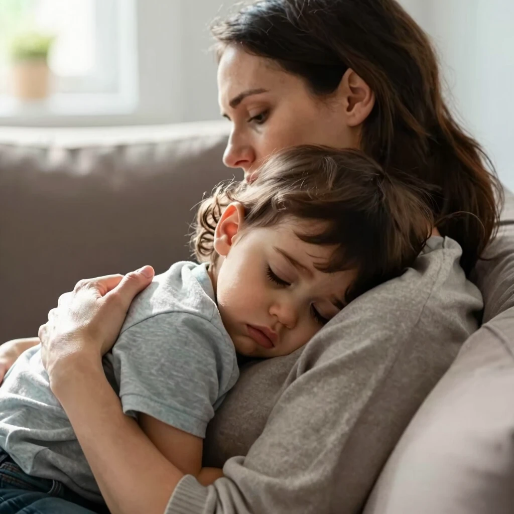 A parent offering comfort to a weary child during a tough day with chronic FPIES.