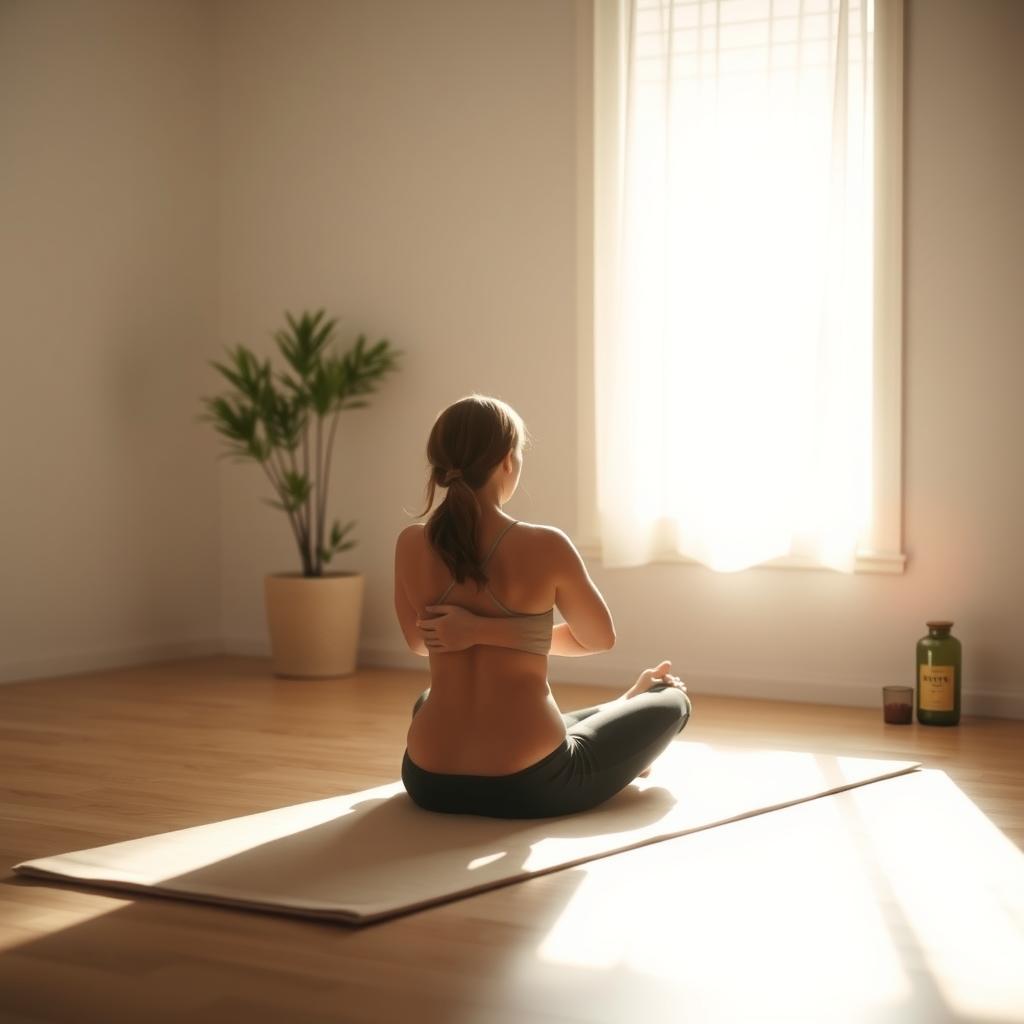 Person practicing a seated yoga pose in a peaceful indoor setting with natural light and a potted plant.
