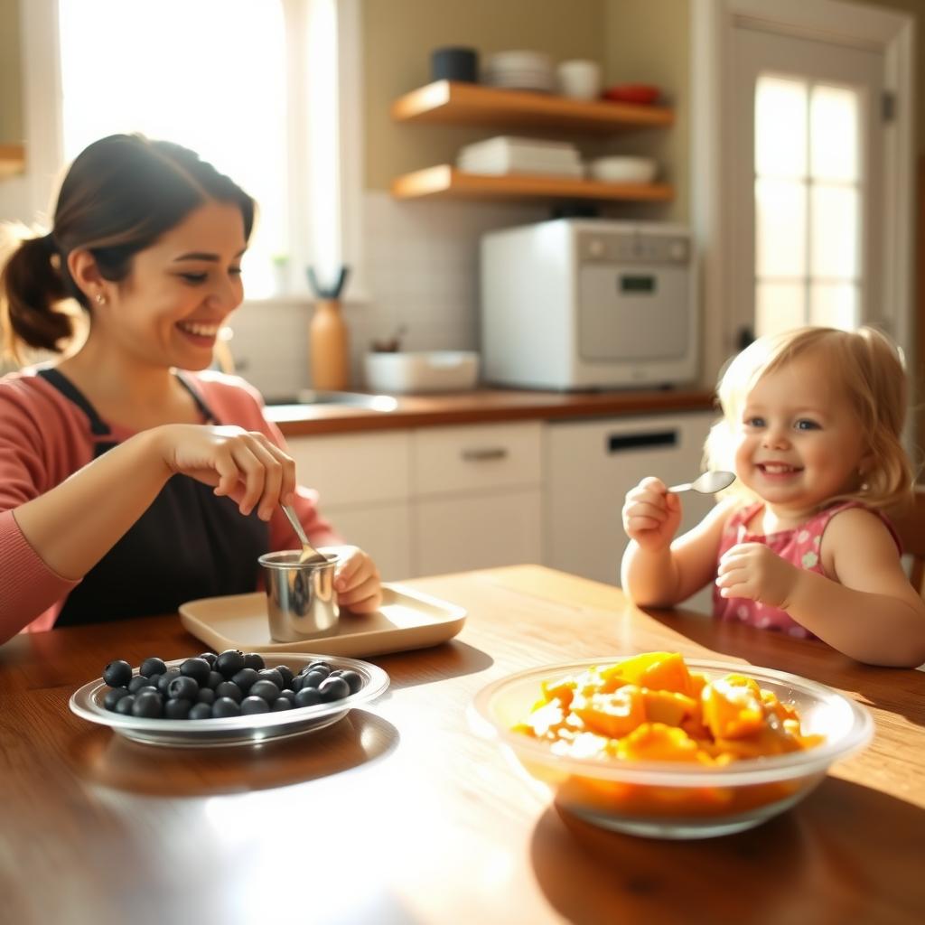 Parent preparing an FPIES-safe meal with a smiling child in a sunny kitchen.