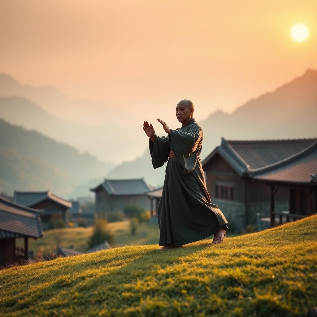 Taoist monk practicing Tai Chi at sunrise in an ancient Chinese village