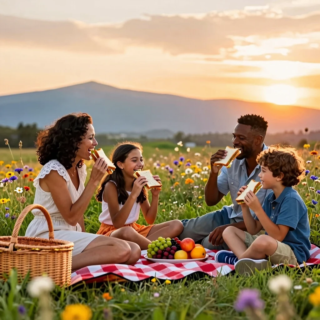 Family enjoying a picnic in a meadow