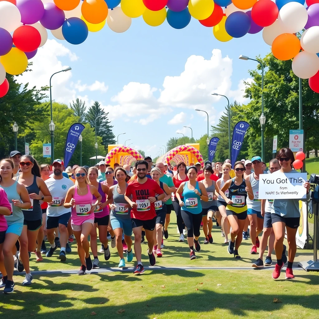 Excited runners at the start of a 5K race with balloons and signs