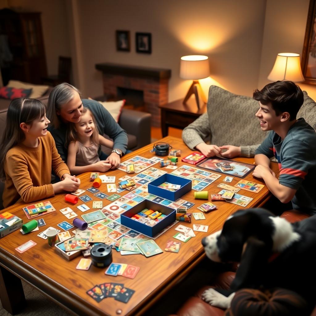 A family of four playing board games around a wooden table in a cozy, warmly lit living room.