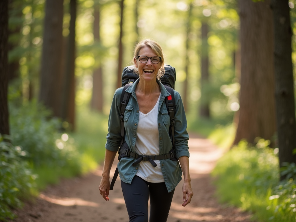 Woman walking happily on a forest trail