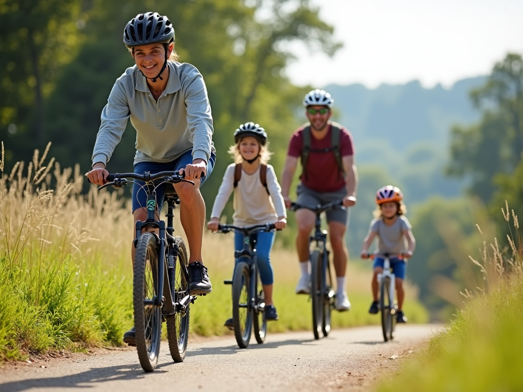 Family biking together on a trail