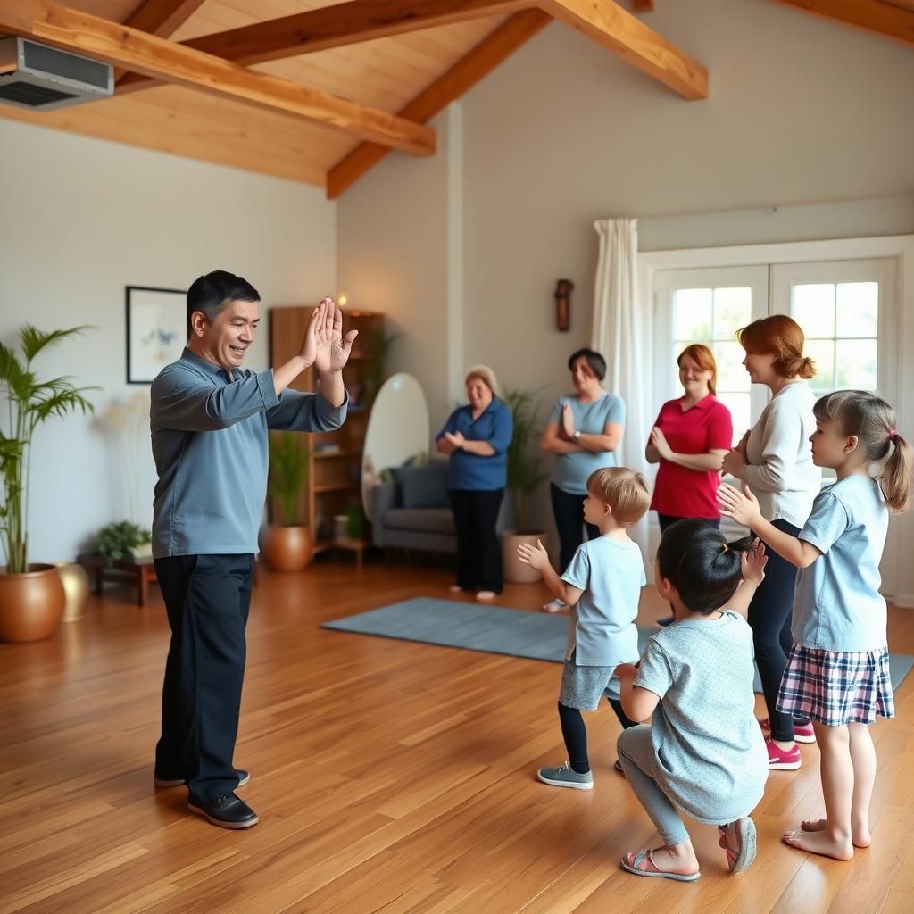 A friendly instructor teaching Tai Chi to families in a cozy studio.