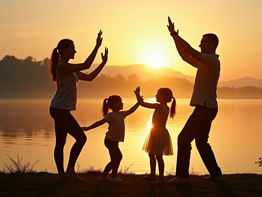 Family practicing Tai Chi at sunrise by a lake