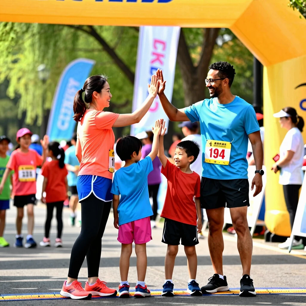 Excited family at the start of a family-friendly 5K race