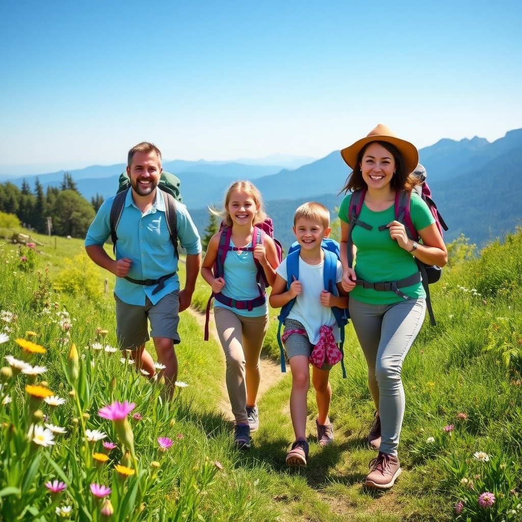 Family hiking in springtime nature