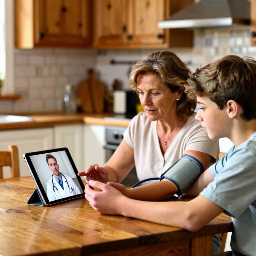 Woman in rural home using telehealth for chronic disease check-in with family nearby