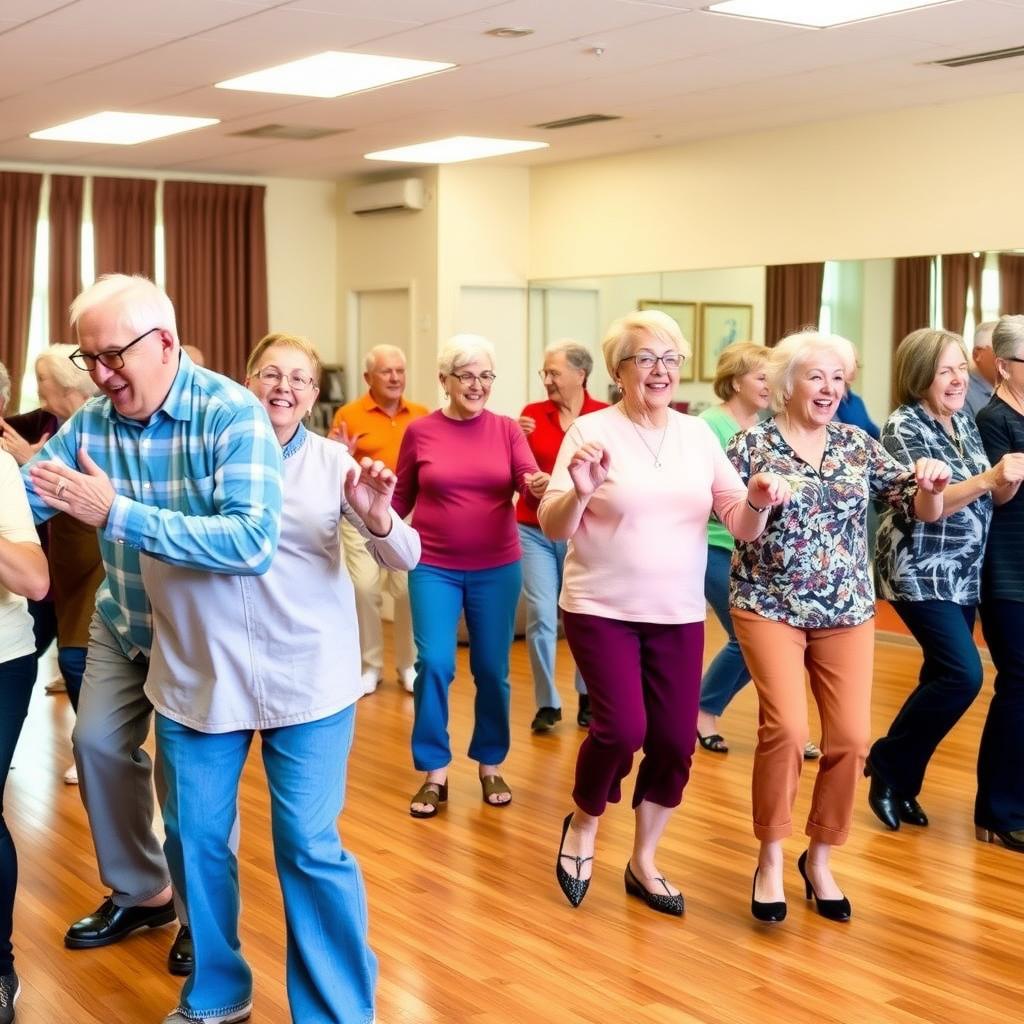 Seniors line dancing together in a community center