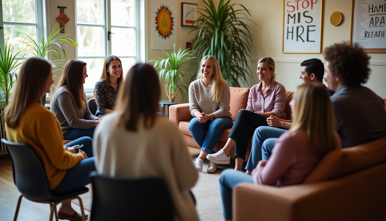 A group of diverse individuals sharing thoughts in a comfortable community room, symbolizing support groups.