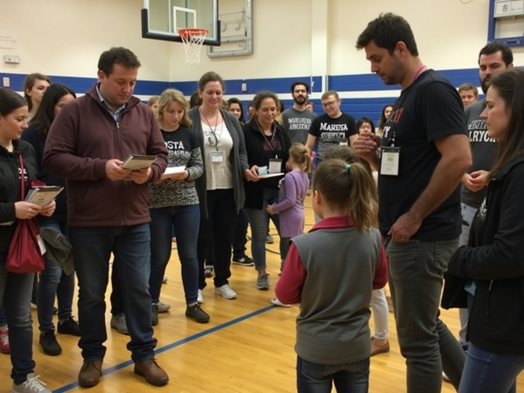Parents and teachers collaborating during a school safety drill.