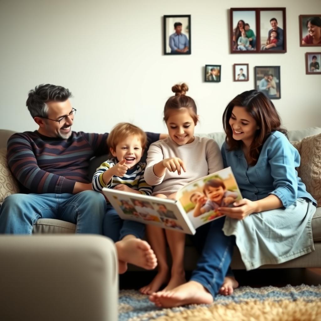 A family with a child with autism sharing a joyful moment looking at a photo album in a cozy living room.
