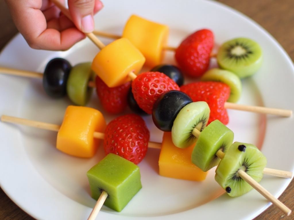 Child holding fruit kabob