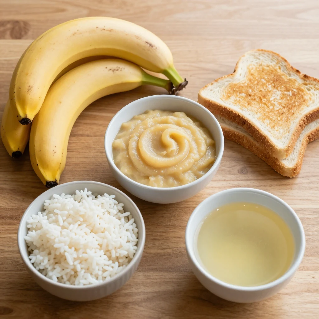 Bland foods like bananas, rice, applesauce, and toast recommended for sensitive stomachs
