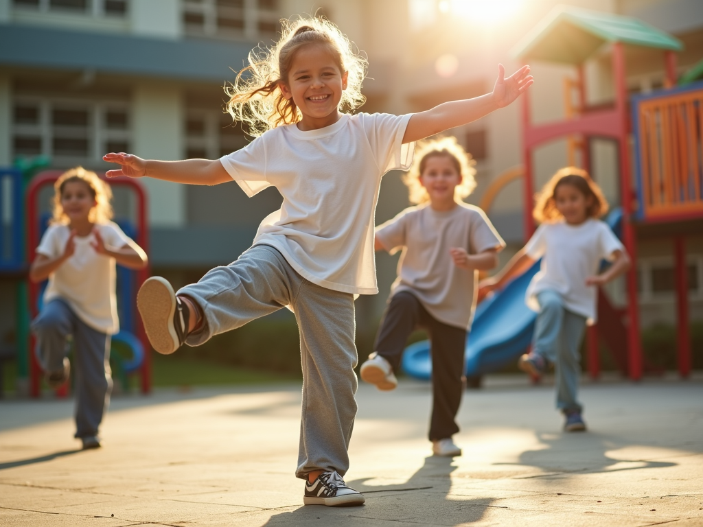 Kids practicing Tai Chi in a schoolyard