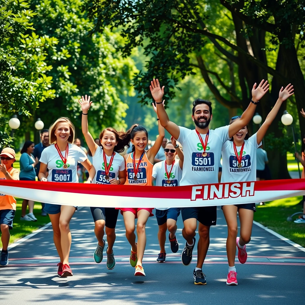 Family celebrating at a summer 5K race finish line