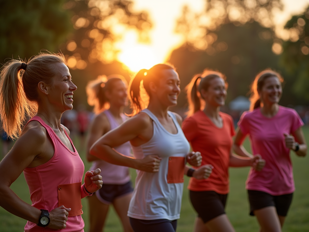 Group of runners stretching in a park at sunrise