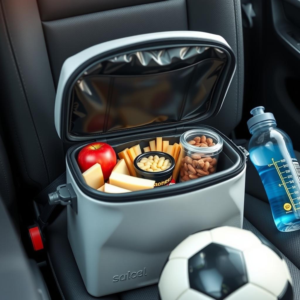 Portable cooler with sliced apples, cheese sticks, and almonds on a car seat next to a soccer ball.