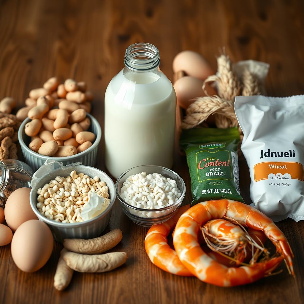 Assorted allergenic foods like peanuts, eggs, milk, and shrimp on a wooden table.