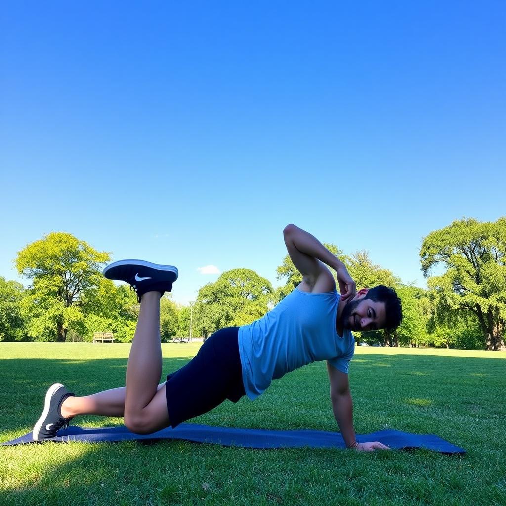 Person performing mountain climbers in a sunny park