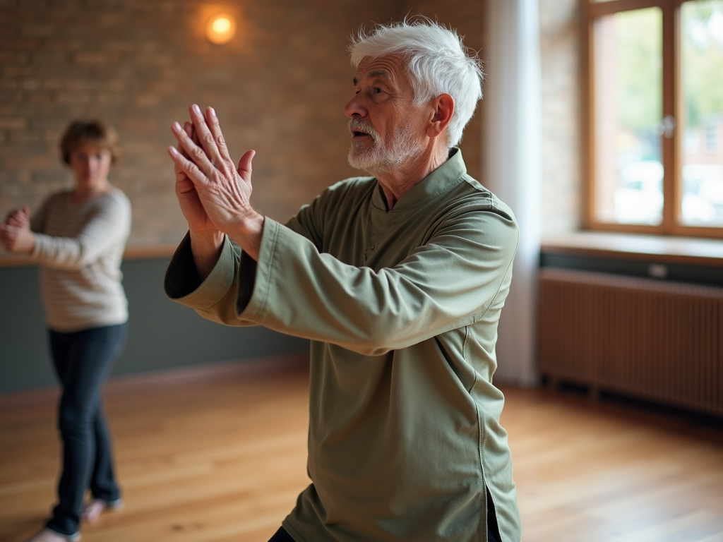 A senior practicing tai chi to maintain cognitive sharpness.