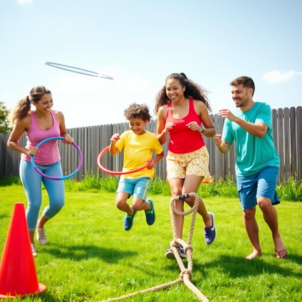 A family of four joyfully navigates a backyard obstacle course with hula hoops and cones.