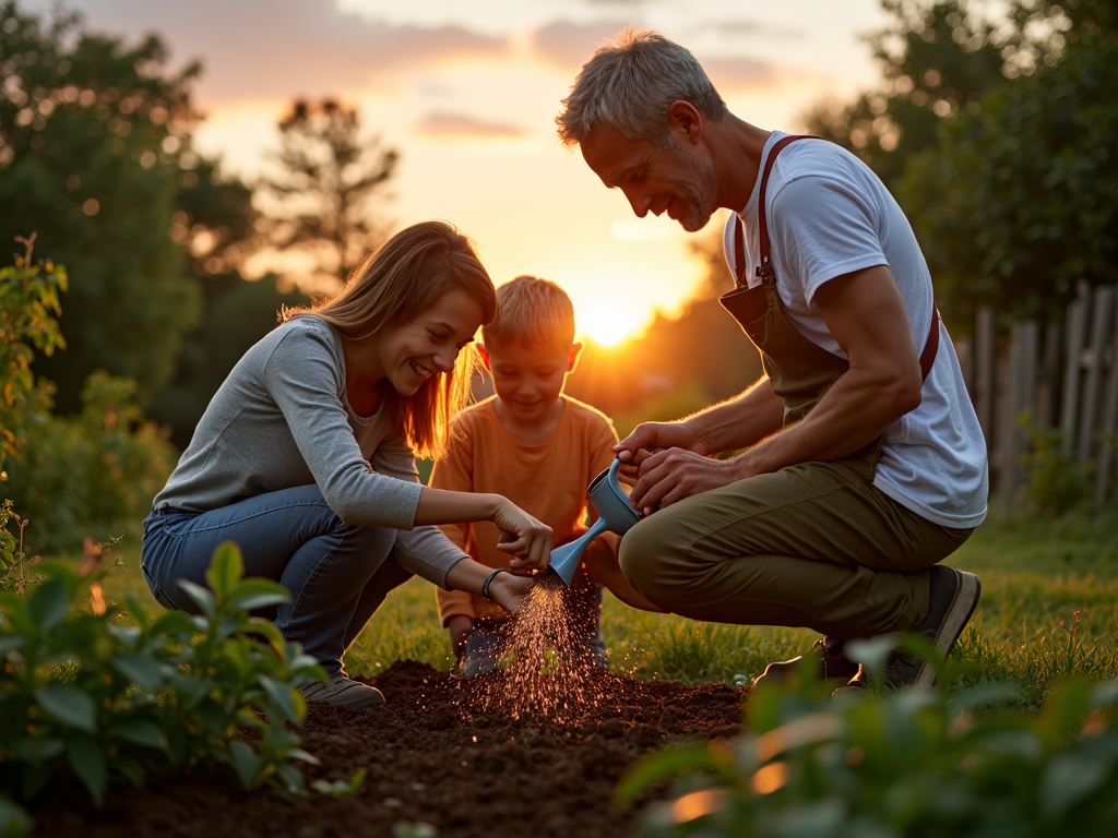 Family gardening together at sunset