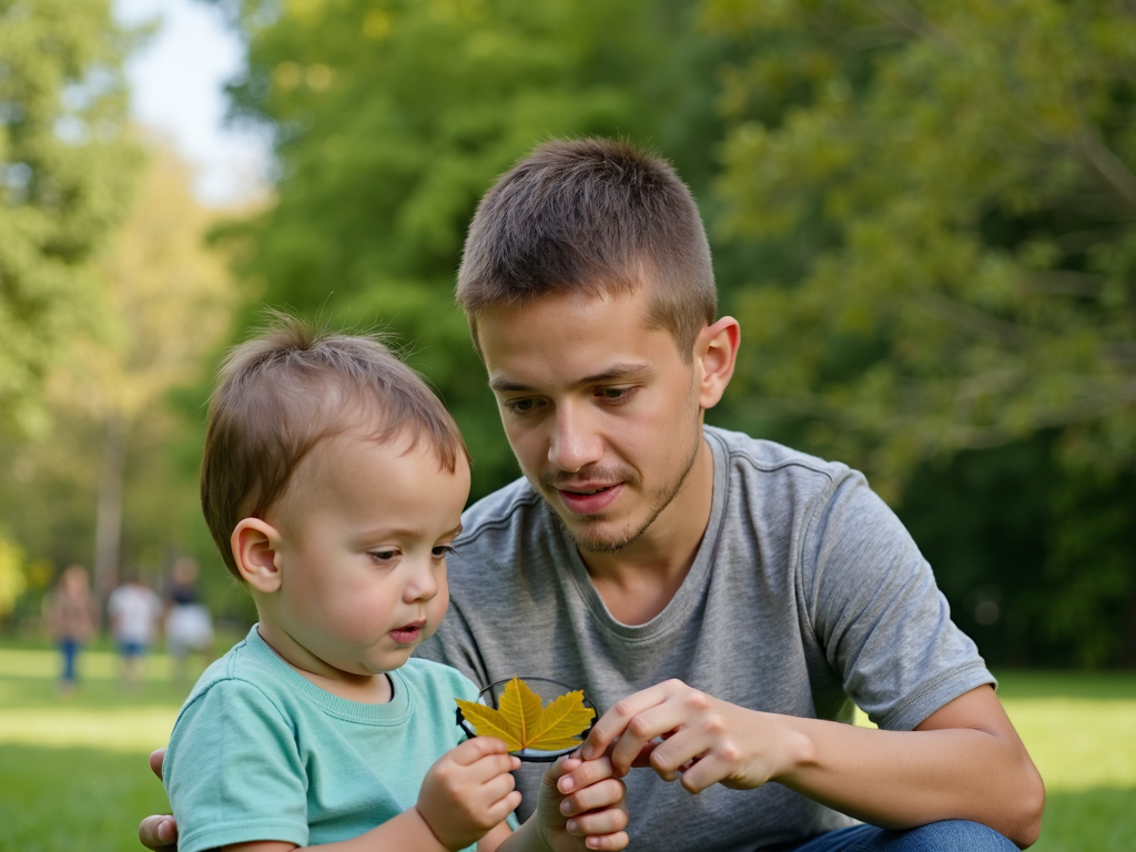 A child learning about nature during an outdoor activity, with the parent providing guidance.