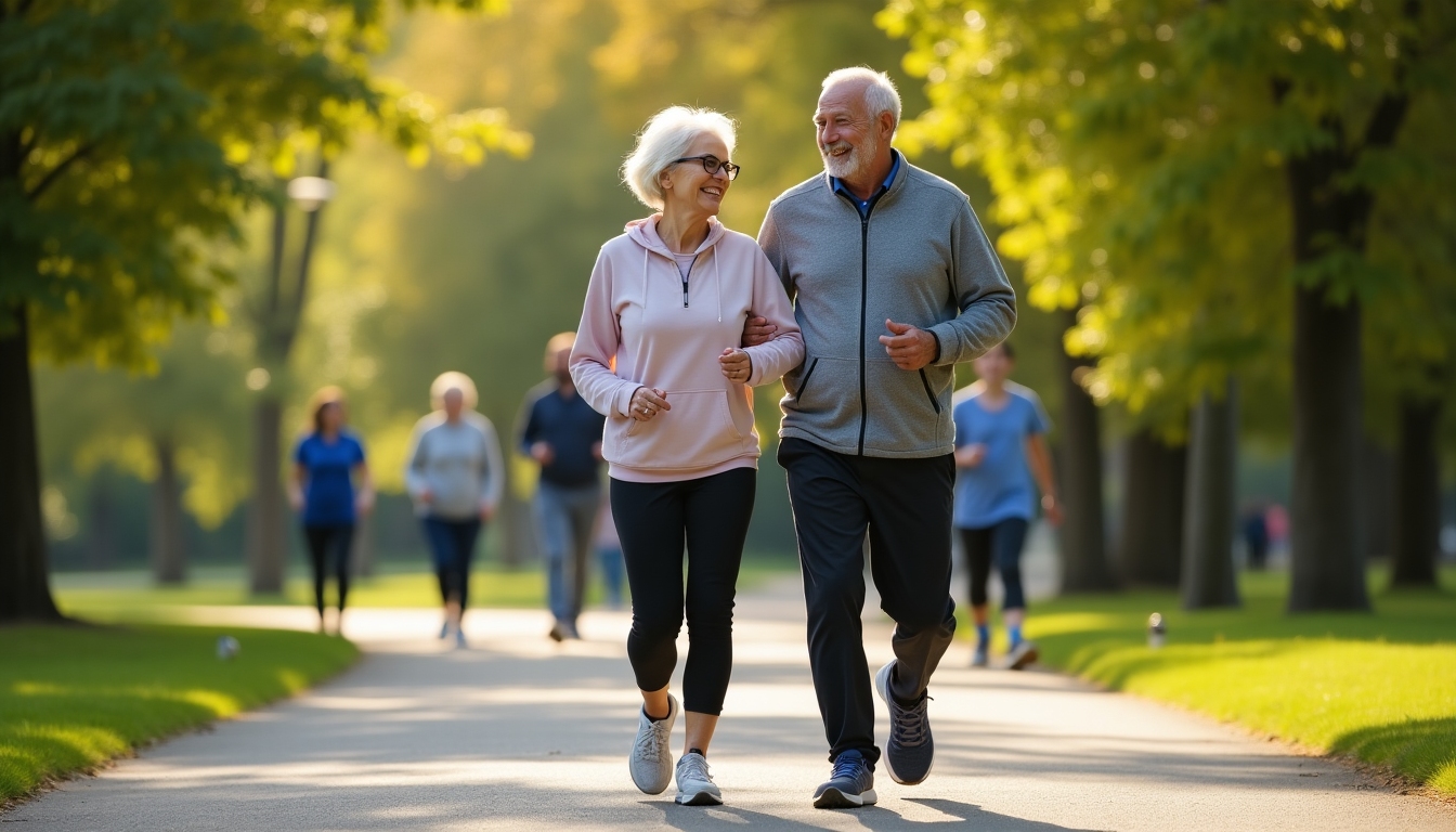 Senior couple walking in supportive running shoes
