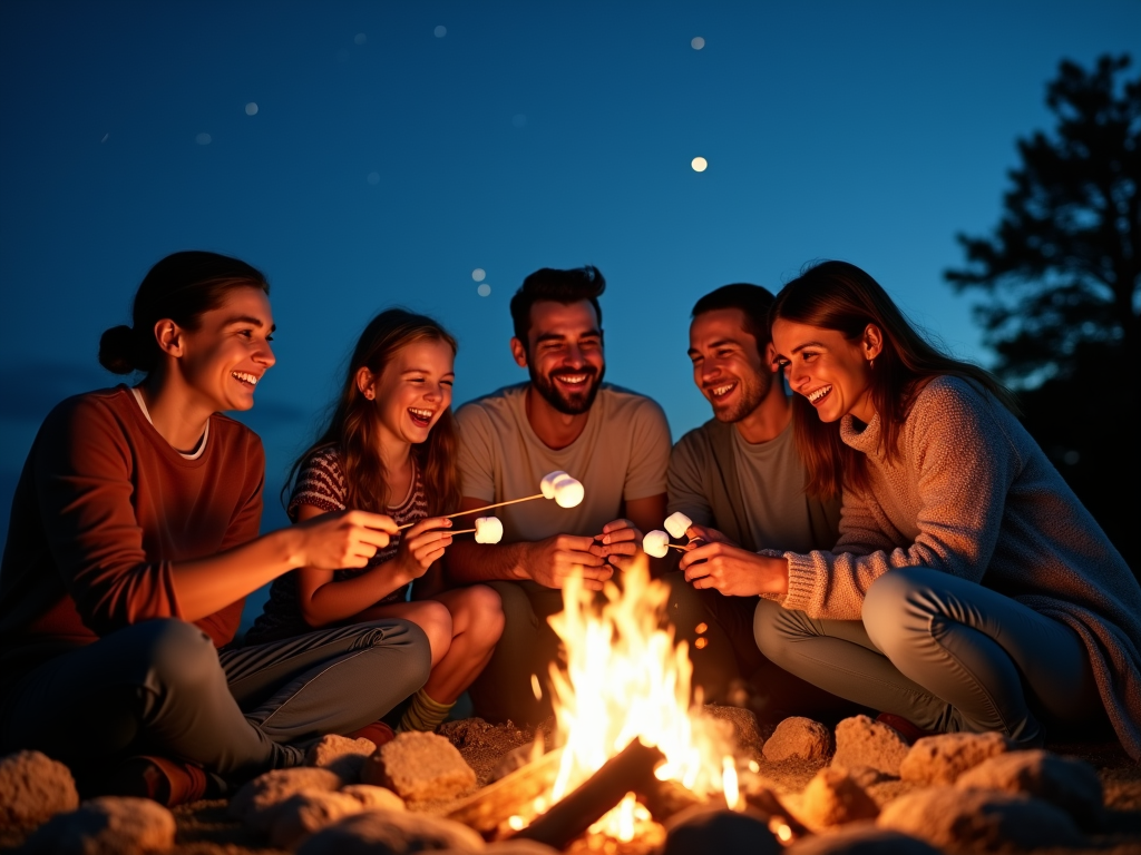 Family bonding around a campfire