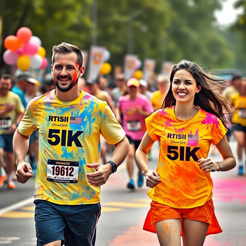 A family runs together in a vibrant 5K color run, covered in colored powder, with balloons and cheering crowds in the background.