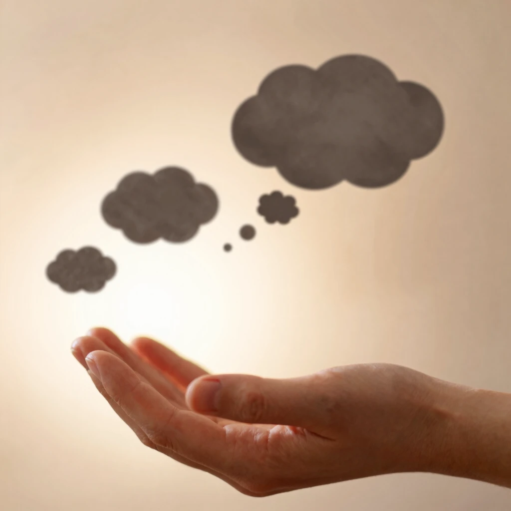 Hands releasing dark negative thought bubbles into the air