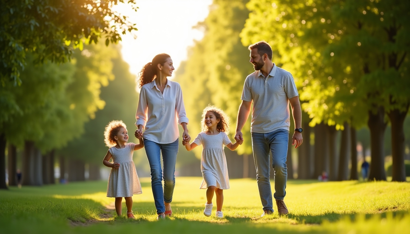 Happy family walking through a local park, emphasizing the joy of community engagement.