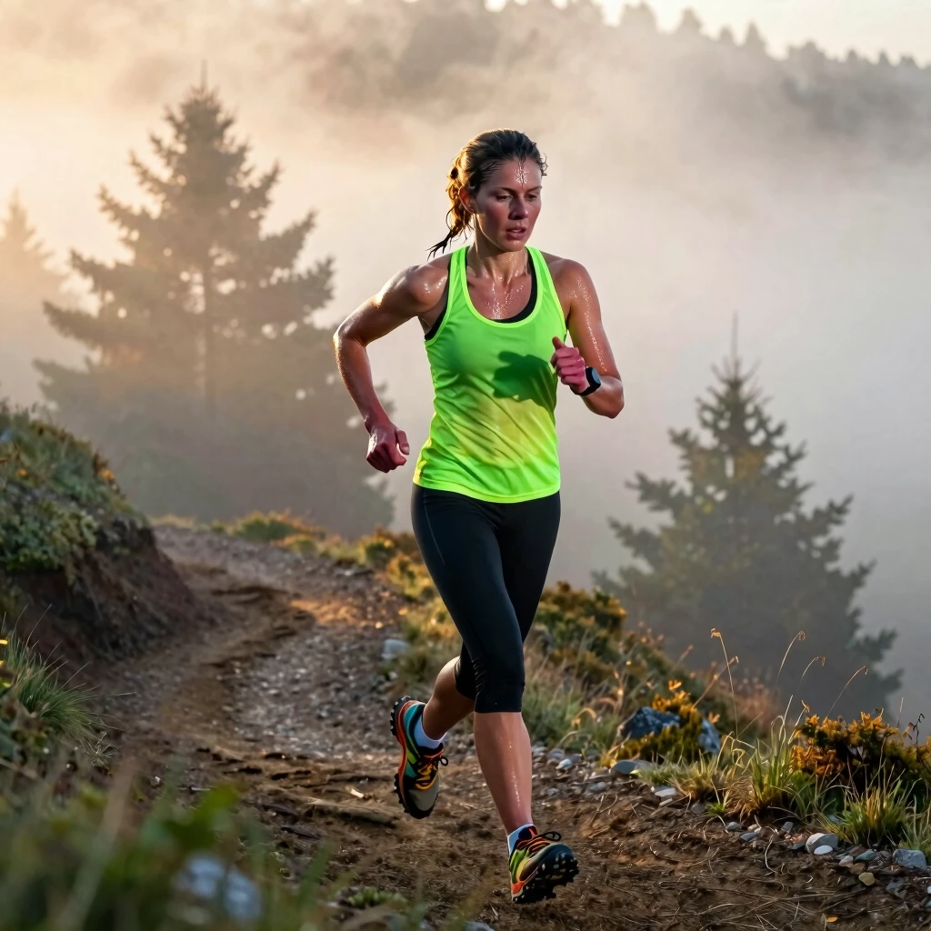 Runner powering up a misty hill trail at sunrise