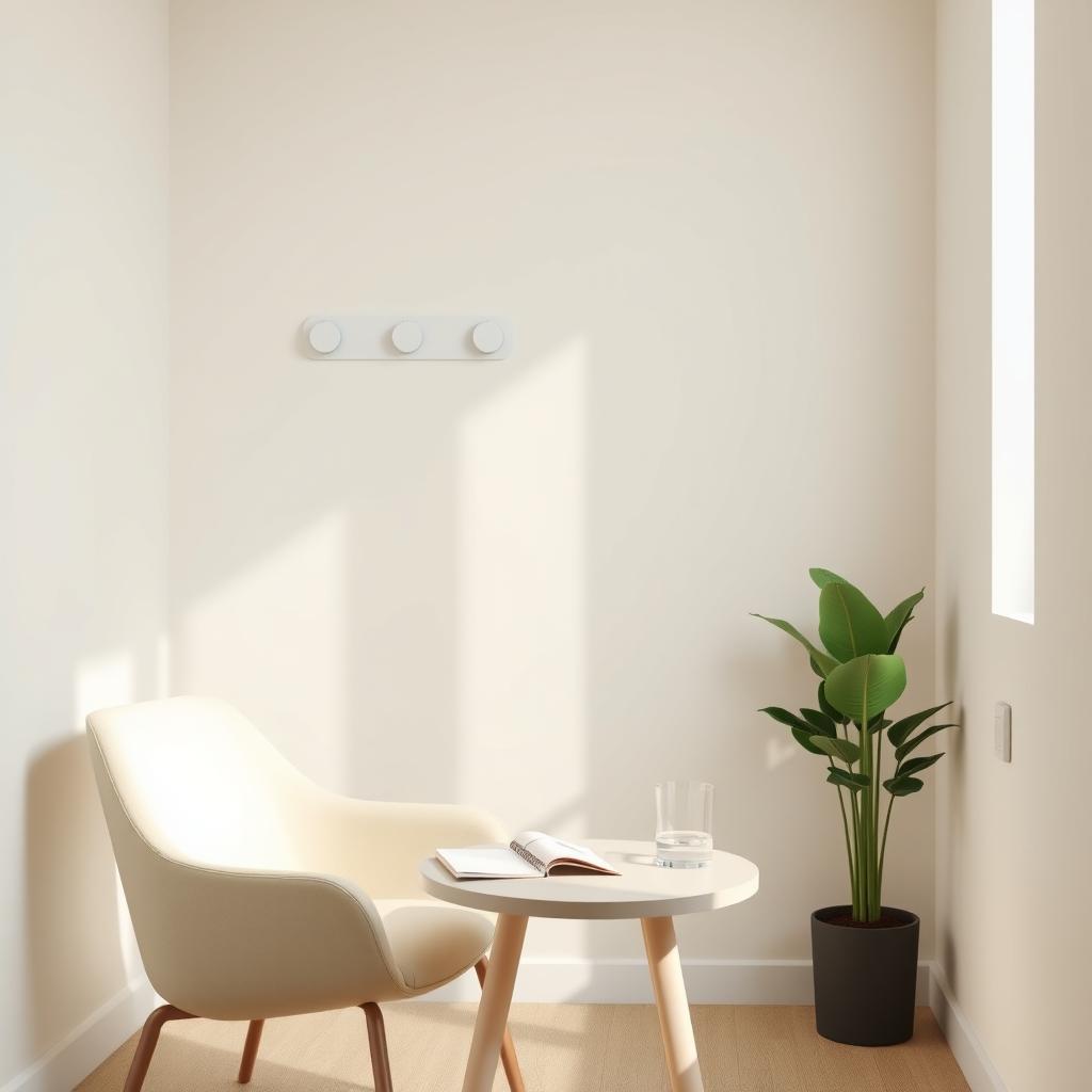 A cozy therapy room with a chair, table, notebook, and green plant, designed for behavioral therapy.