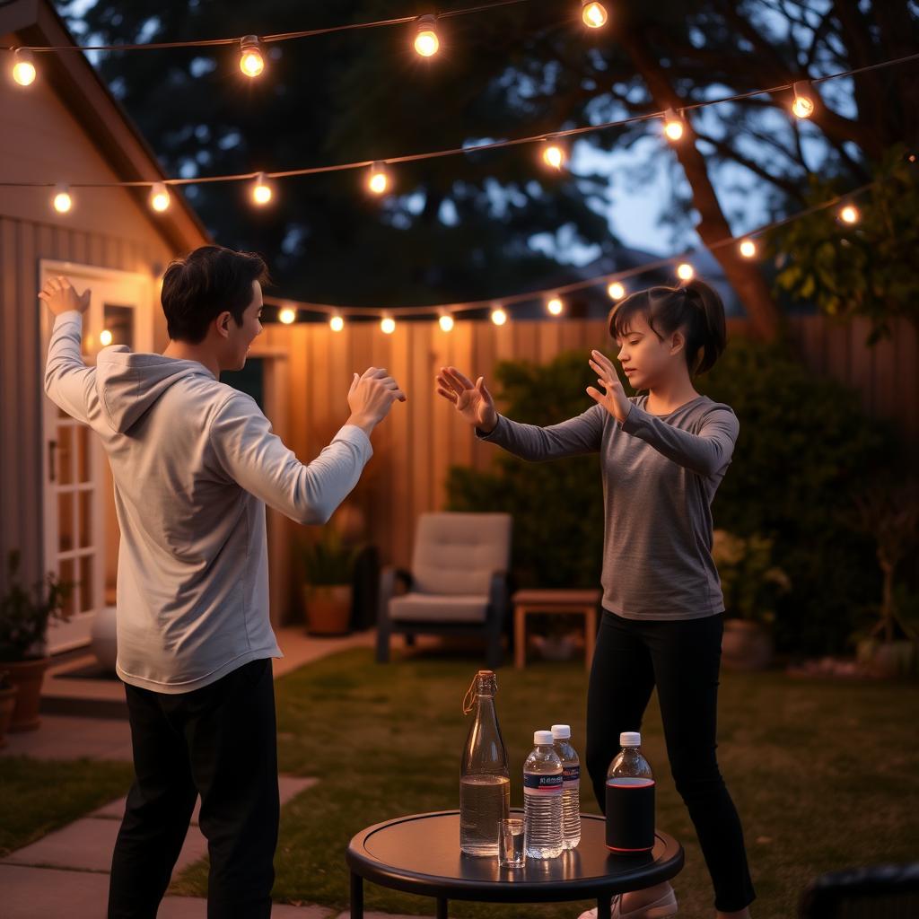 A family practicing Tai Chi in a cozy backyard at dusk, with a parent guiding a child through the 'White Crane Spreads Its Wings' move under warm string lights.