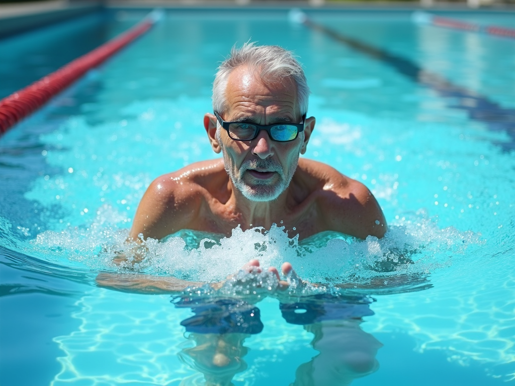 An older adult swimming in a pool, demonstrating proper form and technique