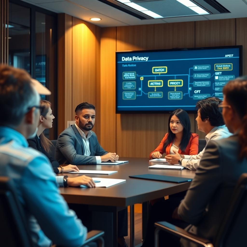 Financial professionals discussing AI ethics with a data privacy flowchart on a digital screen.