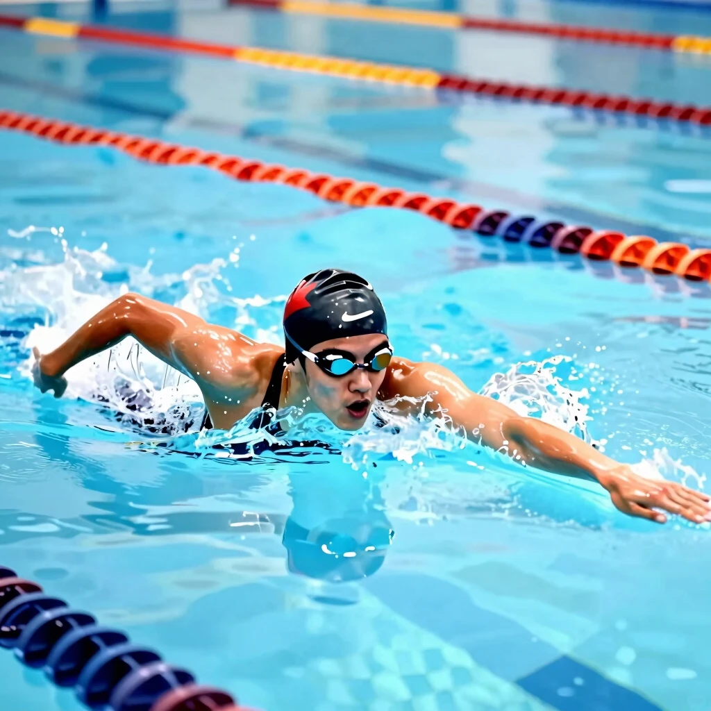 Person swimming laps in an indoor pool