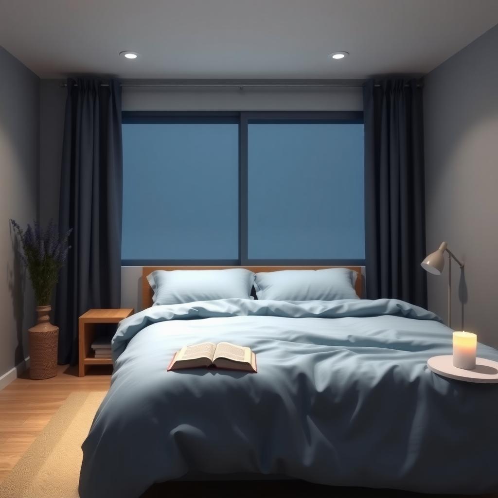 A serene bedroom with soft bedding and blackout curtains, ideal for managing sleep disorders.