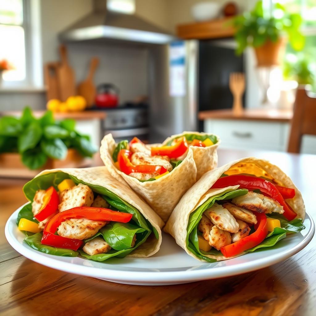 A plate of whole-grain wraps stuffed with grilled chicken, bell peppers, and spinach on a wooden table in a sunny kitchen.