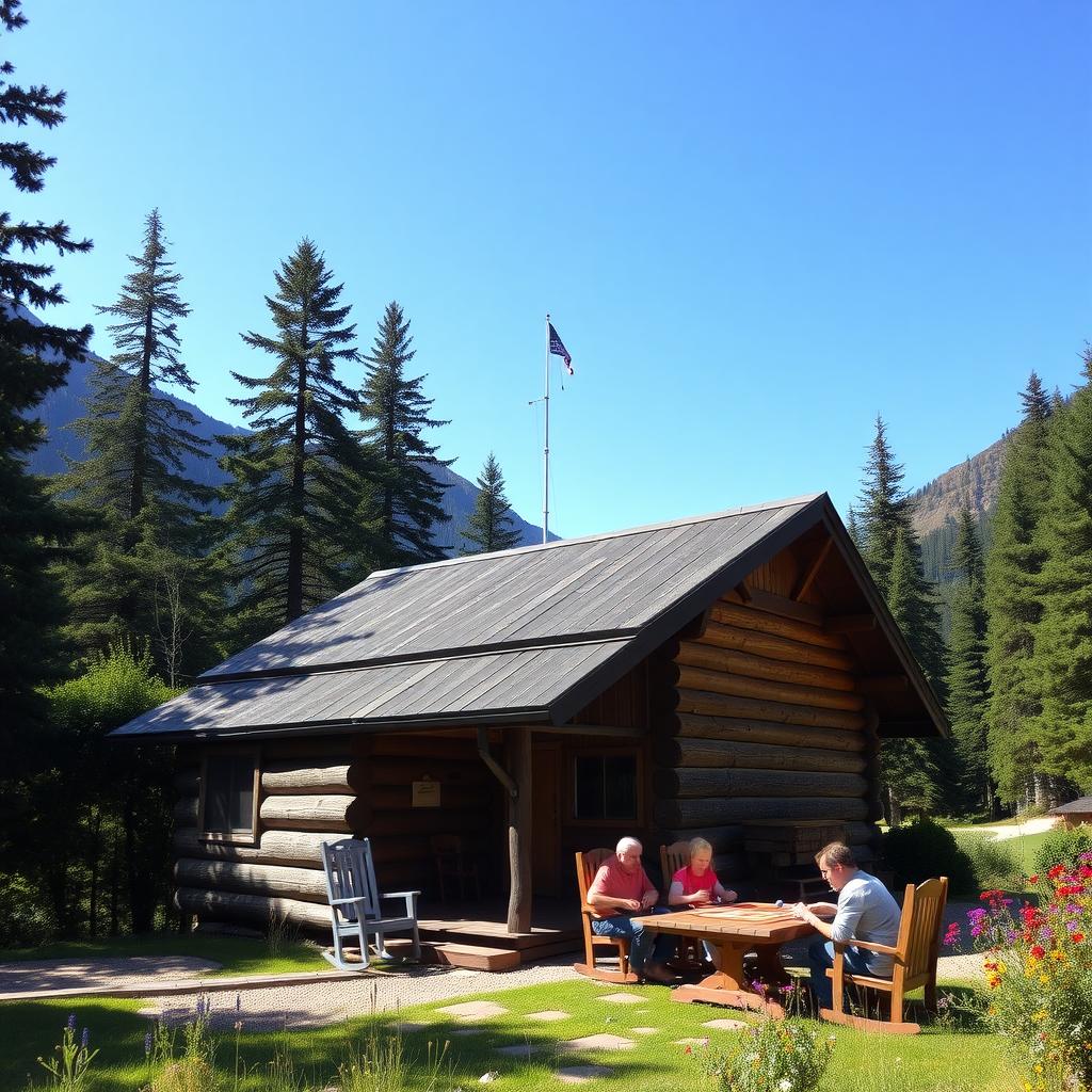 A family enjoys a budget-friendly retreat playing board games outside a rustic cabin in a mountain valley.